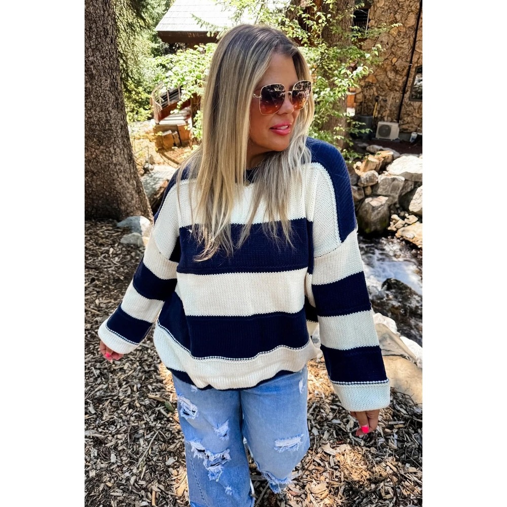 Blakeley Kadie Striped Sweater Womens L/XL Navy Blue Cream Chunky Knit Pullover